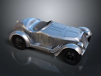 Silver Metallic Vintage Convertible Car With Streamlined Body And Black Wheels 3d model