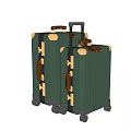 Vintage Green Suitcases With Gold Metal Hardware Brown Leather Handles Striped Surface And Rolling Wheels