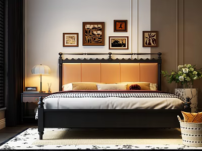 Double Bed with Black Frame and Orange Upholstered Headboard Wall Art Nightstand Lamp Flower Vase 3d model
