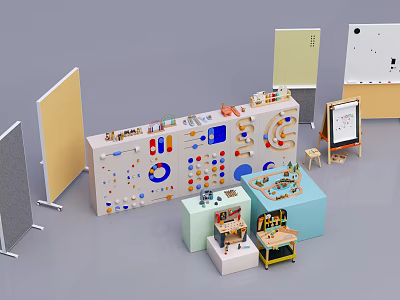 Colorful Building Blocks Display With Various Shapes Small Tables And Creative Design 3d model