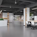 Modern Public Office Space With Long Desks White Chairs And Wooden Bookshelves
