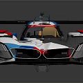 Blue Red White Streamlined Race Car With Aerodynamic Bodywork And Rear Wing