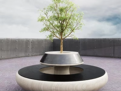 Outdoor Public Chair with Circular Design and Central Tree on Paved Ground Against Grey Wall 3d model