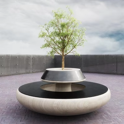 Outdoor Public Chair with Circular Design and Central Tree on Paved Ground Against Grey Wall 3d model