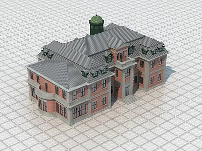 Traditional Detached House with Red Brick Exterior Gray Roof Green Dome Tower and Balconies 3d model