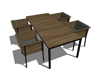 Stylish Wooden Table and Chair Set with Gray Cushioned Seats and Black Metal Legs 3d model
