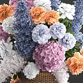Colorful Flower Arrangement in Basket Vase with Purple Orange White Blue Hydrangeas and Peonies