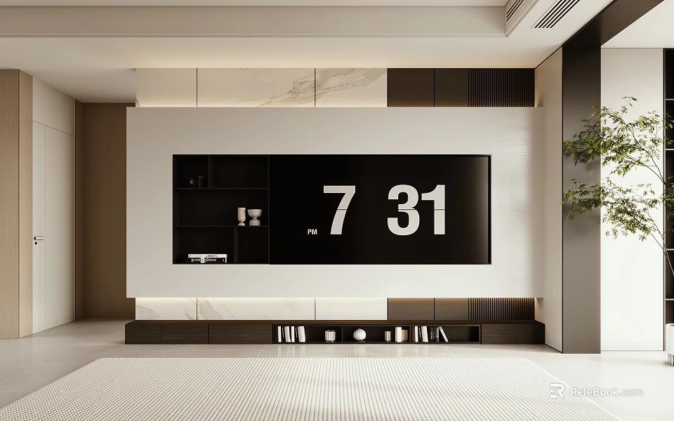 Modern TV Background Wall Design With Built in TV And Shelves 3d model 