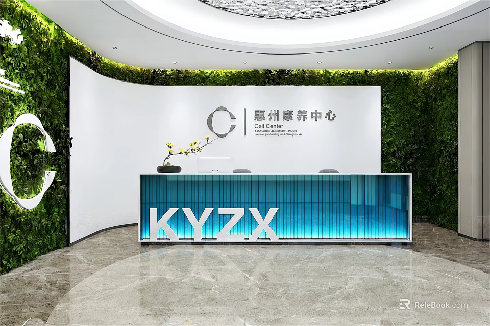 Modern Wellness Center Reception Desk With Blue Illuminated Counter And Lush Green Plant Walls 3d model 