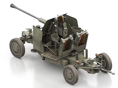 Vintage Military Artillery Gun With Wheeled Carriage And Metal Barrel Structure 3d model