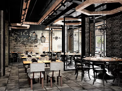 Industrial Style Restaurant Interior With Brick Walls Pendant Lights Wooden Tables And Chairs 3d model