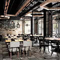 Industrial Style Restaurant Interior With Brick Walls Pendant Lights Wooden Tables And Chairs