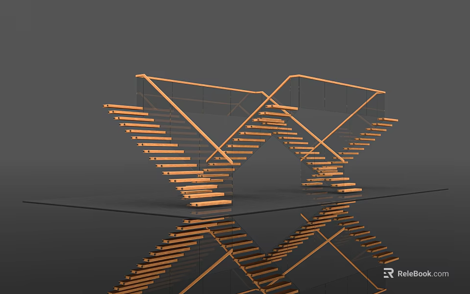 Contemporary Intersecting Staircase Design With Glass Railings And Metal Steps Reflection 3d model 