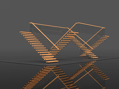 Contemporary Intersecting Staircase Design With Glass Railings And Metal Steps Reflection 3d model