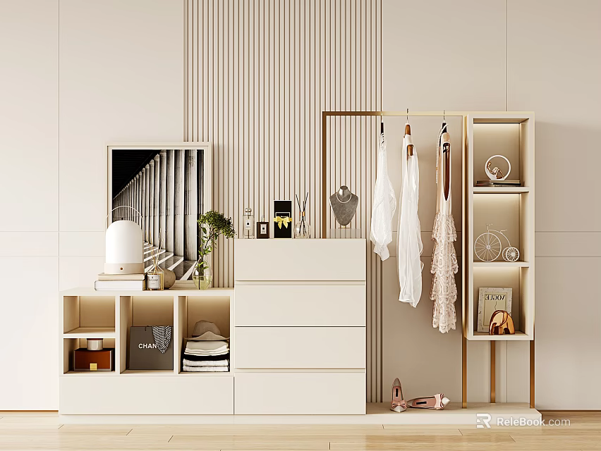 Modern Interior Storage Shelf Unit With Clothes Rack Books Plants Shoes And Decorations 3d model 
