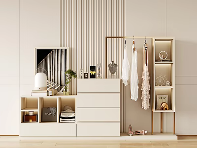 Modern Interior Storage Shelf Unit With Clothes Rack Books Plants Shoes And Decorations 3d model
