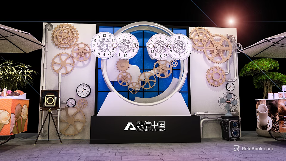 Creative Exhibition Display Featuring Multiple Gears Clocks And Blue Window Design 3d model 