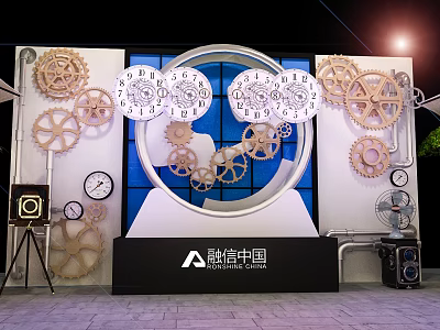 Creative Exhibition Display Featuring Multiple Gears Clocks And Blue Window Design 3d model