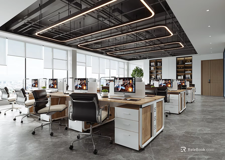 Modern Public Office Space With Open Layout Desks Computers Green Plants And Large Windows 3d model 