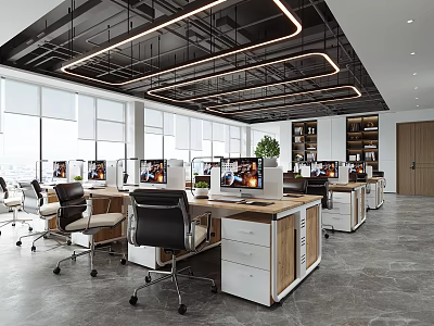 Modern Public Office Space With Open Layout Desks Computers Green Plants And Large Windows 3d model