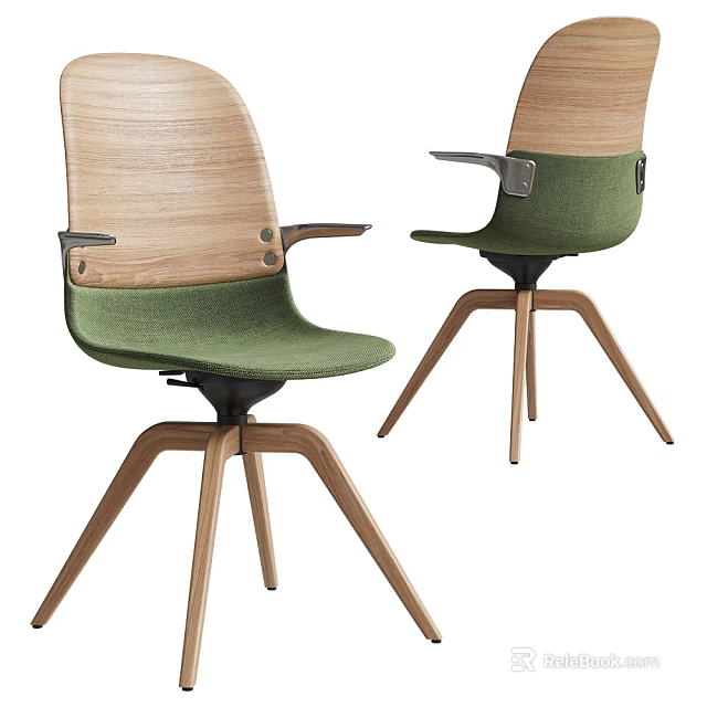 Modern Office Chair With Wooden Backrest Green Seat Armrests And Three Legged Design 3d model 