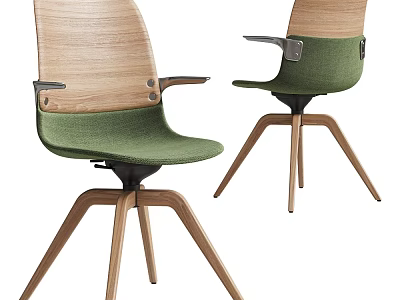 Modern Office Chair With Wooden Backrest Green Seat Armrests And Three Legged Design 3d model