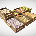 Assorted Fresh Fruits Vegetables and Fish in Wooden Crates for Daily Living Supplies