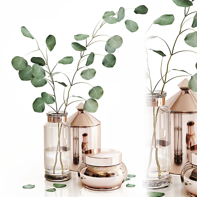 Decorative Glass and Rose Gold Metallic Vases with Green Eucalyptus Branches for Home Decor 3d model 