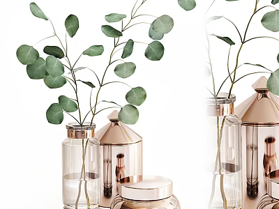 Decorative Glass and Rose Gold Metallic Vases with Green Eucalyptus Branches for Home Decor 3d model