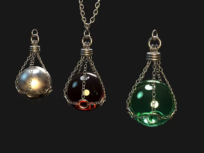 Elegant Jewelry Pendants With Silver Red Green Spheres And Chain Design 3d model