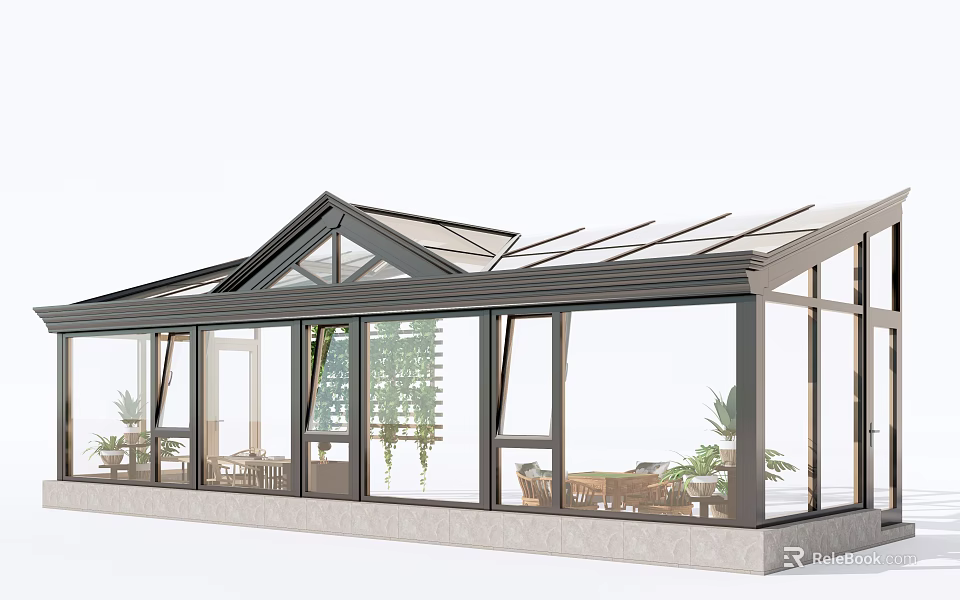 Modern Glass Sunroom Design With Glass Roof Windows Tables And Plants 3d model 