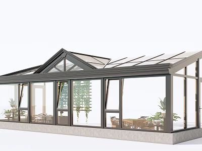 Modern Glass Sunroom Design With Glass Roof Windows Tables And Plants 3d model