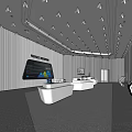 Modern Exhibition Hall with White Display Counters Large Digital Screens and Tech Themed Interior Design