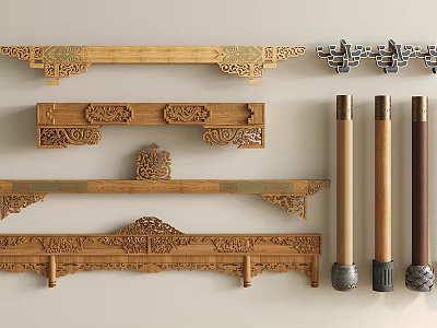Wooden Columns With Intricate Carved Decorations And Traditional Architectural Elements 3d model