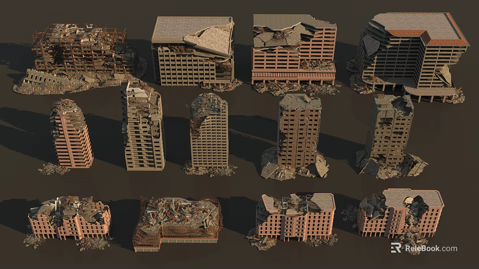 Various Collapsed Building Ruins Featuring Damaged Skyscrapers And Broken Structures 3d model 