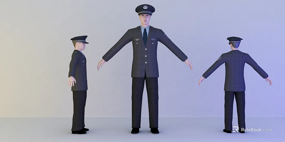 Man in Dark Uniform With Front Back And Side View 3D Model 3d model 