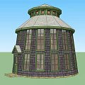 Round Shaped Detached House with White Roof Dark Brown Wooden Walls and Green Framed Windows