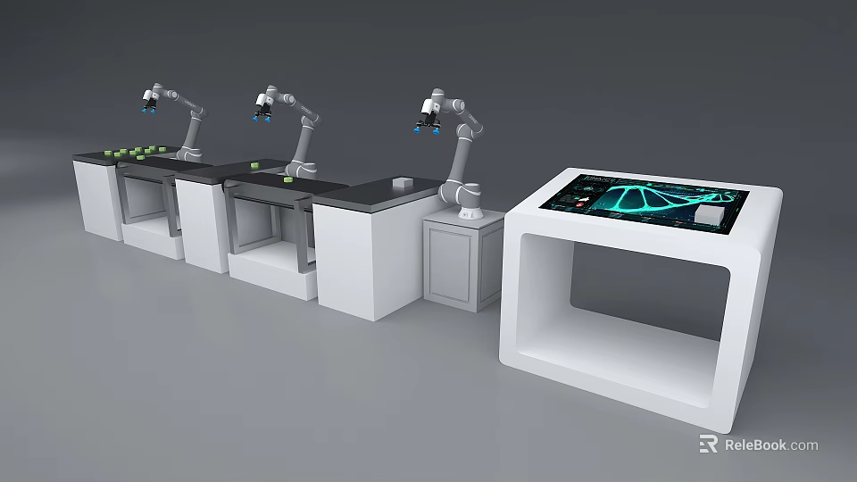 Robotic Arms On White Workstations With Control Panel And Blue Screen Graphics 3d model 