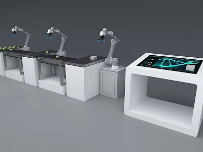 Robotic Arms On White Workstations With Control Panel And Blue Screen Graphics 3d model