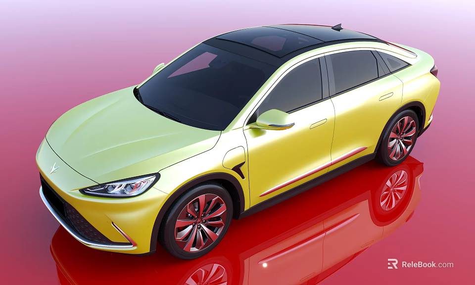 Sleek Yellow Electric SUV with Black Roof and Modern Design on Reflective Red Surface 3d model 