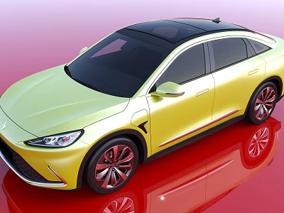Sleek Yellow Electric SUV with Black Roof and Modern Design on Reflective Red Surface 3d model