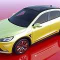 Sleek Yellow Electric SUV with Black Roof and Modern Design on Reflective Red Surface
