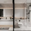 Modern Bathroom Interior Design With Marble Walls Glass Shower Partition Toilet Vanity And Window View