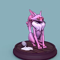 Pink Cat Rabbit Hybrid Creature With Green Eyes White Whiskers Sitting On Wooden Platform