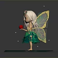 Game Movie Fairy Character With Golden Wings Flower Crown Green Dress And Red Strawberry