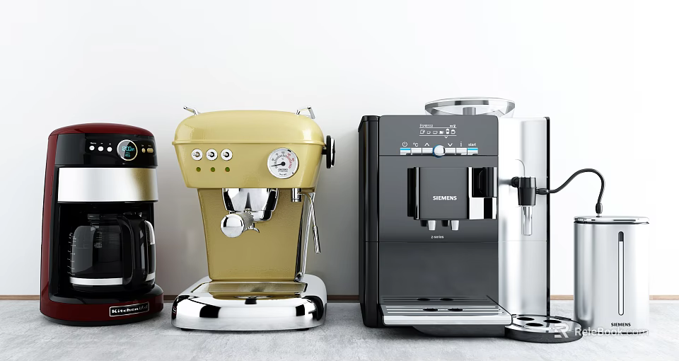 Various Coffee Maker Models Displayed In Kitchen 3d model