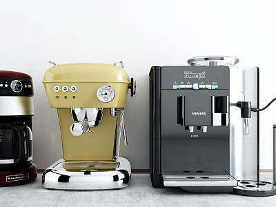 Various Coffee Maker Models Displayed In Kitchen 3d model
