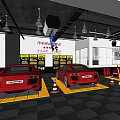 Car 4S Shop Service Area With Red Sports Cars And Maintenance Equipment