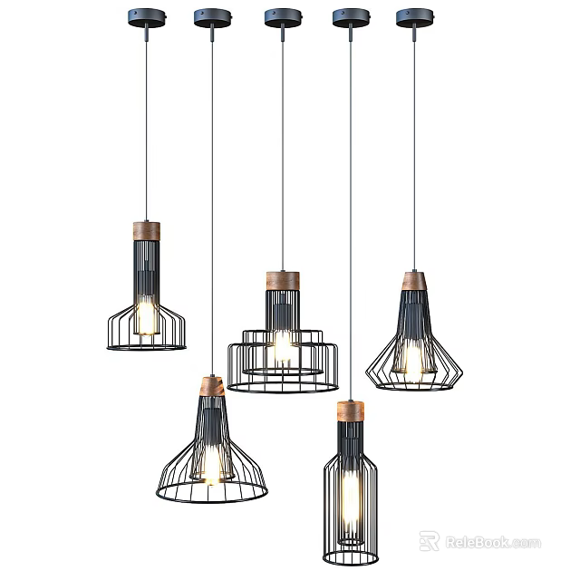 Industrial Modern Pendant Lights Featuring Black Copper Wire Frame Exposed Bulbs 3d model