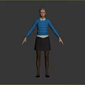 Child With Red Hair Standing In Blue Sweater White Shirt Black Skirt On Gray Background